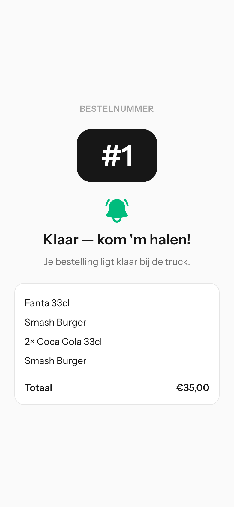 Statusscherm van een online bestelling: Klaar, kom 'm halen met bestelnummer en buzzer