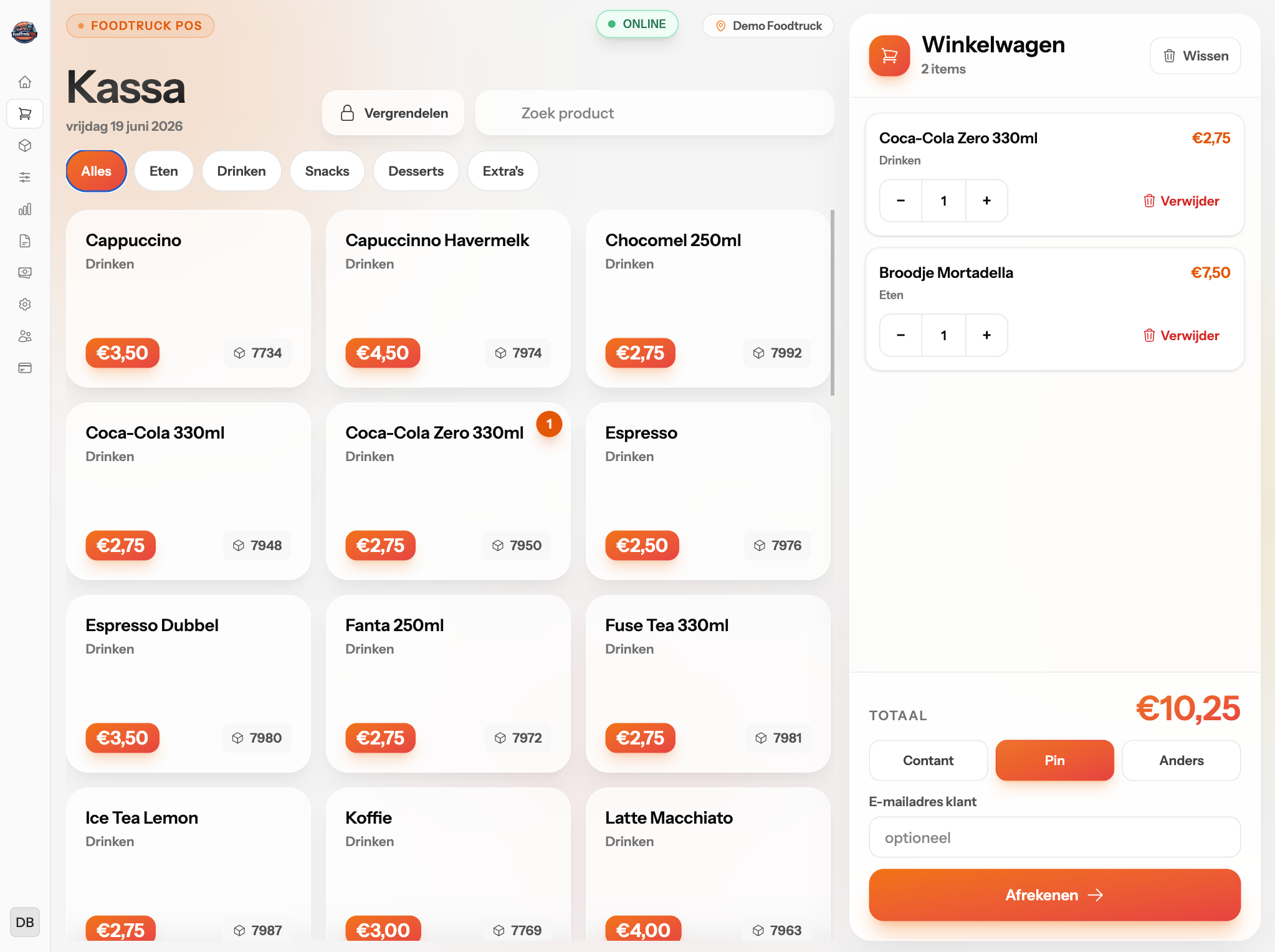 FoodTruck POS kassascherm met producten en winkelwagen op een iPad